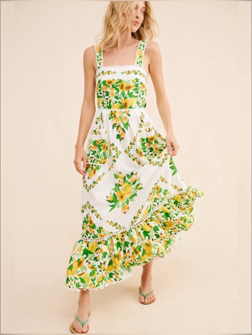 Farm Rio Linen Papaya Salad Scarf Maxi Dress White Yellow Green Medium